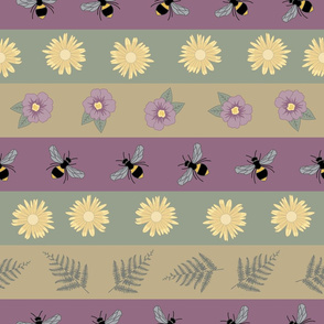 Bees, Flowers and Ferns on Stripes