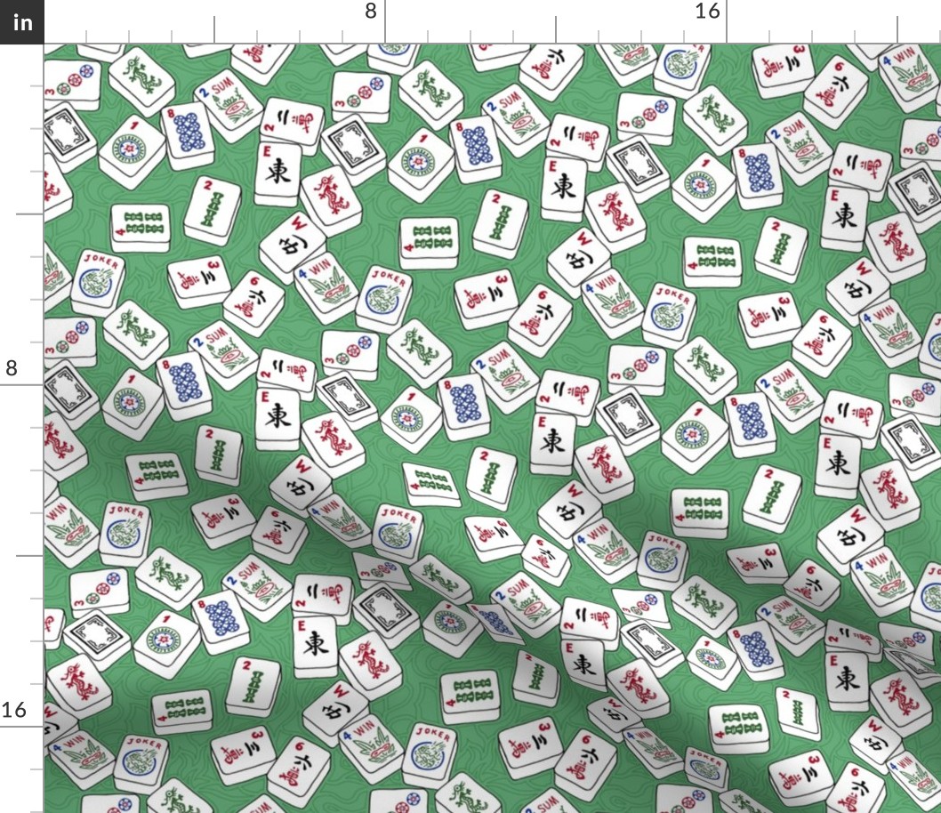 Mahjong Tiles on Green with Swirls Background