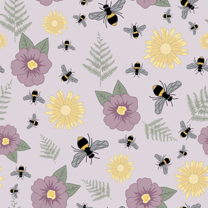 Bees, Flowers and Ferns on Purple