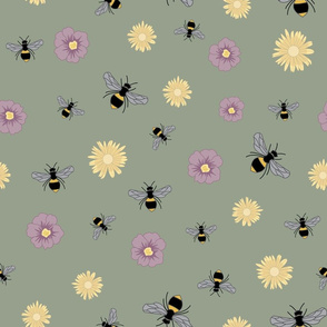 Bees and Flowers on Green Background