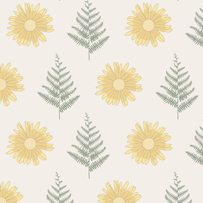Yellow Flowers and Ferns on Beige