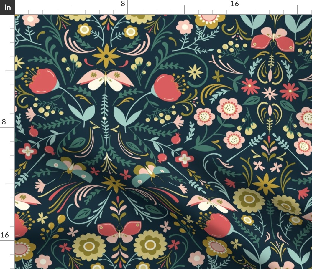 Butterfly Chintz on Navy Fabric | Spoonflower