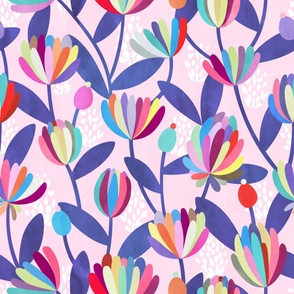Rainbow Floral Pattern on Pink Background