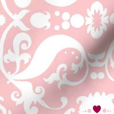  Damask with pink hearts white on light pink