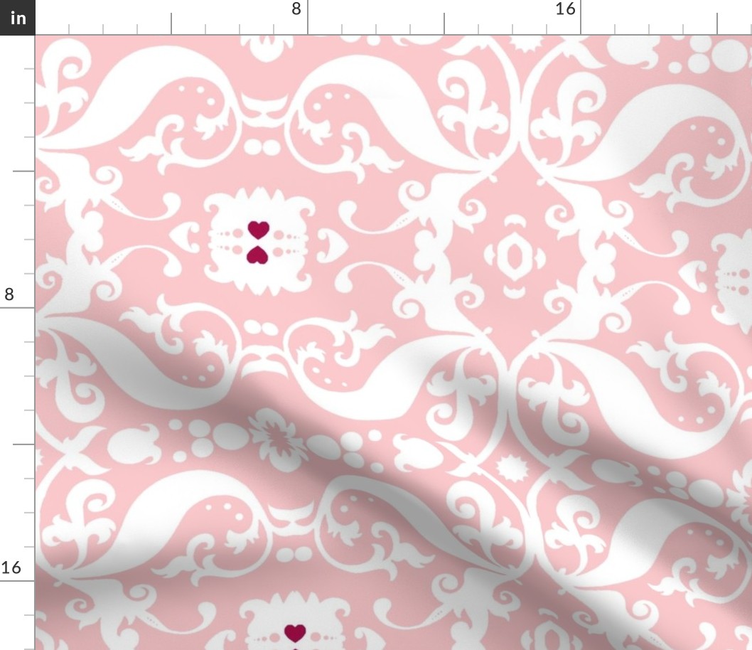  Damask with pink hearts white on light pink