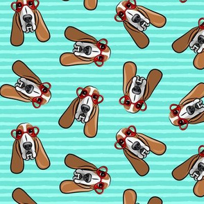 basset hounds with heart glasses - valentines - teal stripe toss  - LAD19