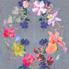 9x9-Inch Half-Drop Repeat of Spring Wreath Chintz on Slate Background