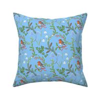 Christmas chintz with robin on light blue