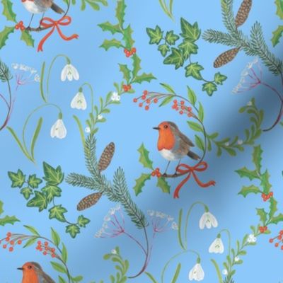 Christmas chintz with robin on light blue