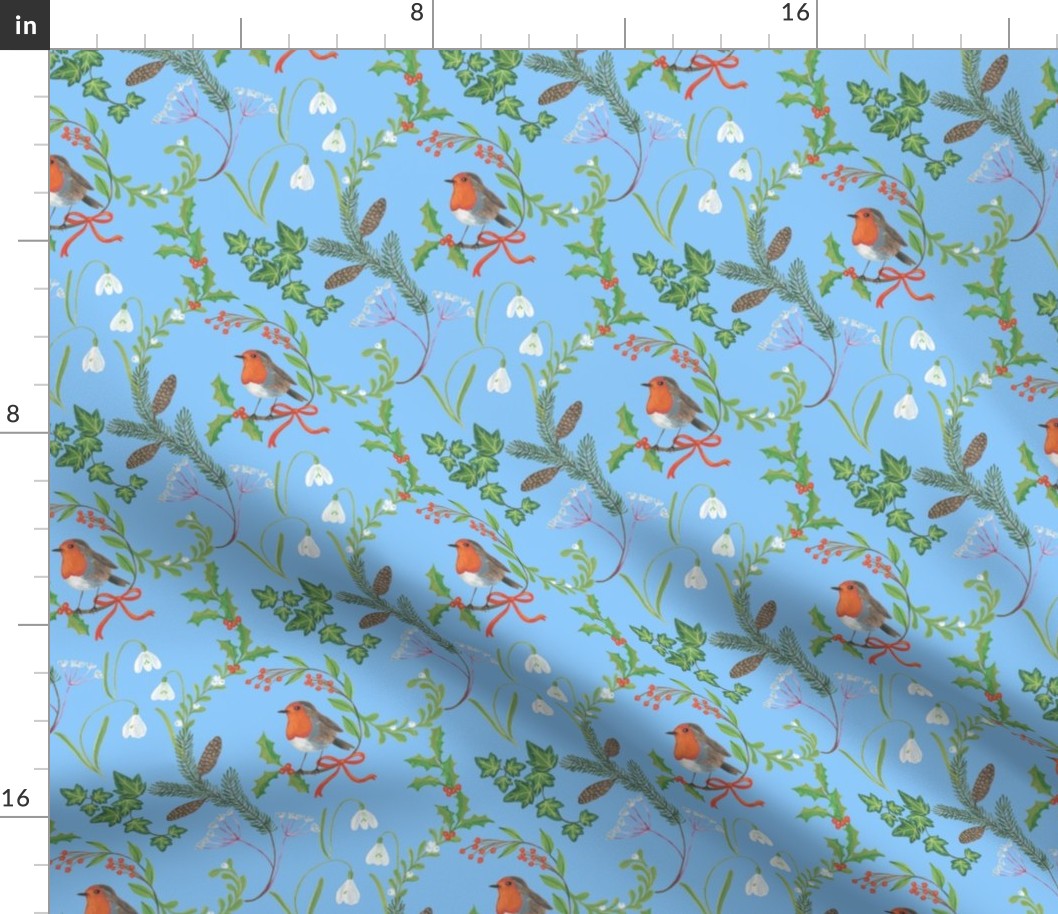 Christmas chintz with robin on light blue