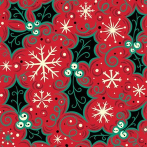 Jolly Black Holly Snowflake on Red