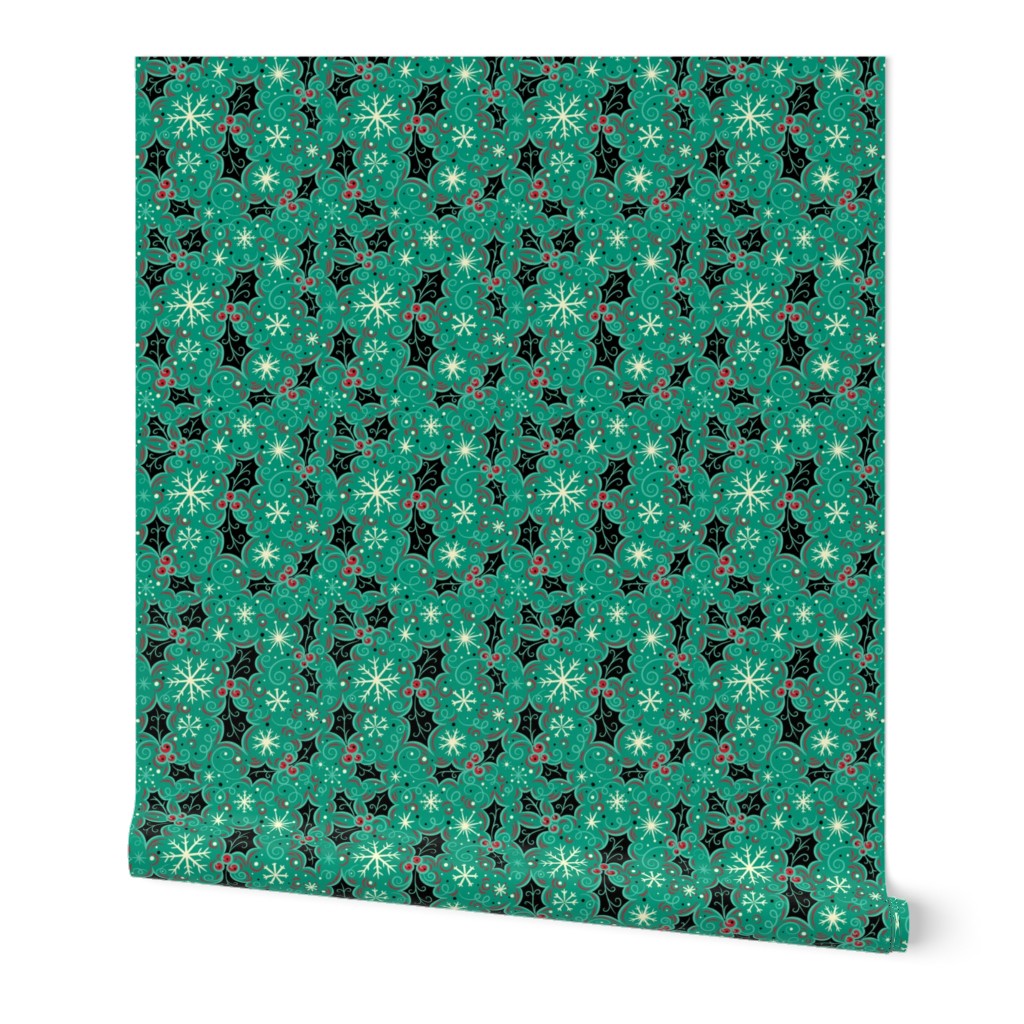 Jolly Black Holly Snowflake on Turquoise