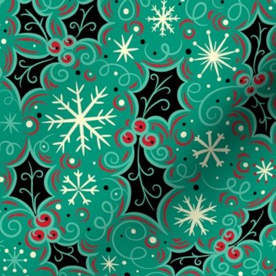 Jolly Black Holly Snowflake on Turquoise