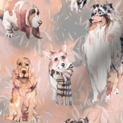 sweet dogs tan on coral apricot and grey watercolor FLWRHT