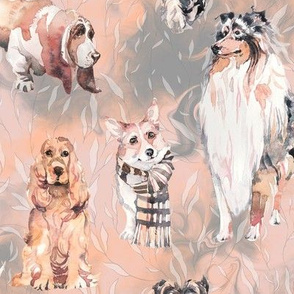 sweet dogs tan on coral apricot and grey watercolor FLWRHT