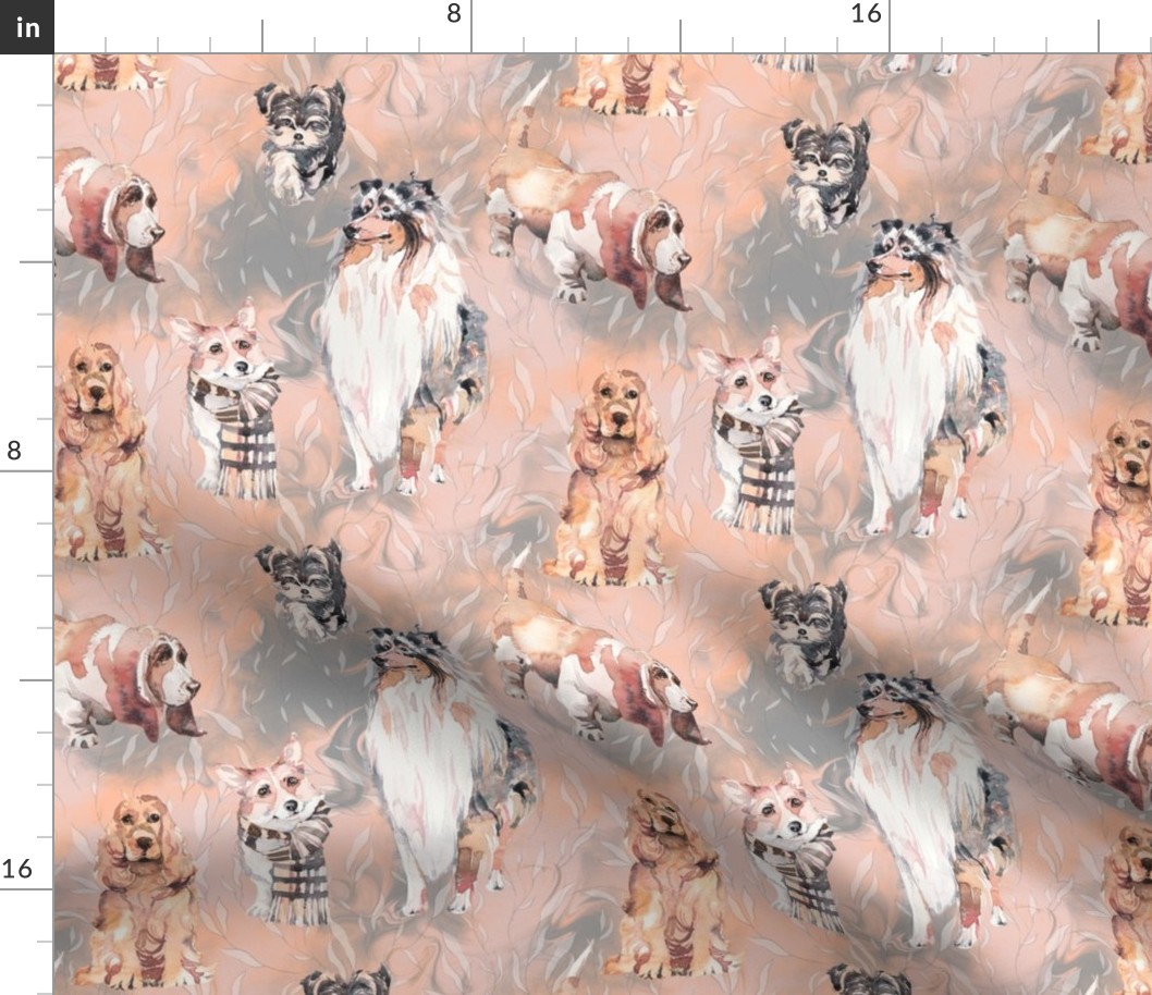 sweet dogs tan on coral apricot and grey watercolor FLWRHT