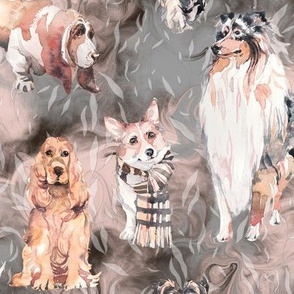 sweet dogs tan on brown pink and grey watercolor FLWRHT