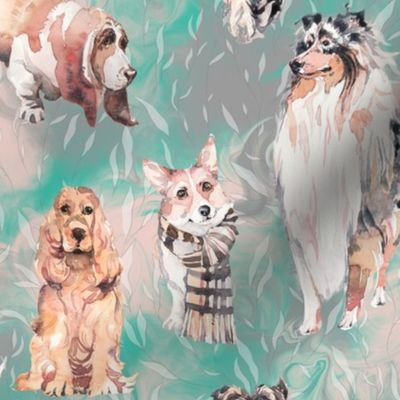 sweet dogs tan on mint green and grey watercolor FLWRHT