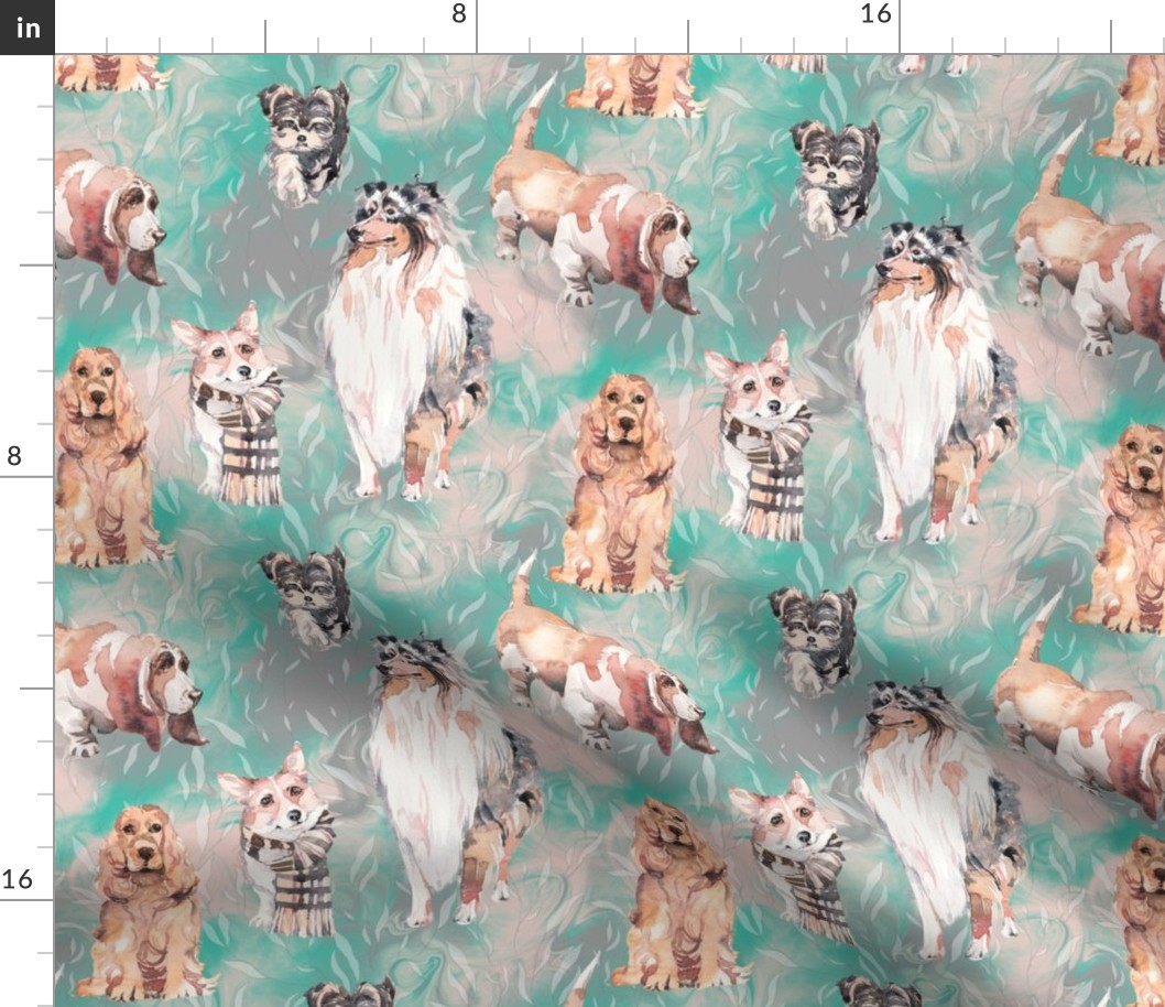 sweet dogs tan on mint green and grey watercolor FLWRHT