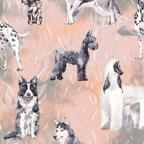 sweet dogs tuxedo Black and White on coral apricot and grey watercolor FLWRHT