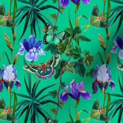 Emerald Garden with irises and butterflies