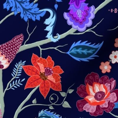 Jewel-tone Chintz in blue and red on dark blue