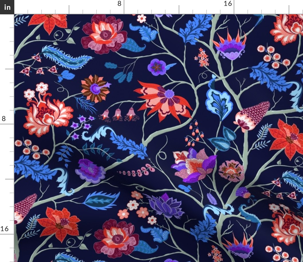 Jewel-tone Chintz in blue and red on dark blue