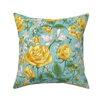 Yellow Roses Chintz | Soft Cool Blue Green