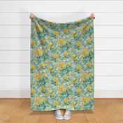 Yellow Roses Chintz | Soft Cool Blue Green