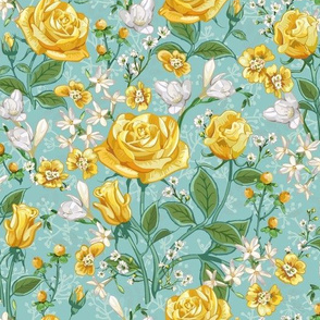 Yellow Roses Chintz Small | Soft Cool Blue Green