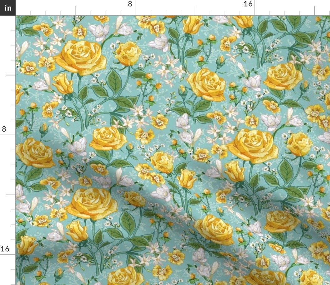 Yellow Roses Chintz Small | Soft Cool Blue Green