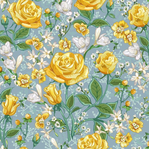 Yellow Roses Chintz | Soft Gray Blue