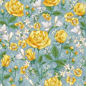 Yellow Roses Chintz Small | Soft Gray Blue