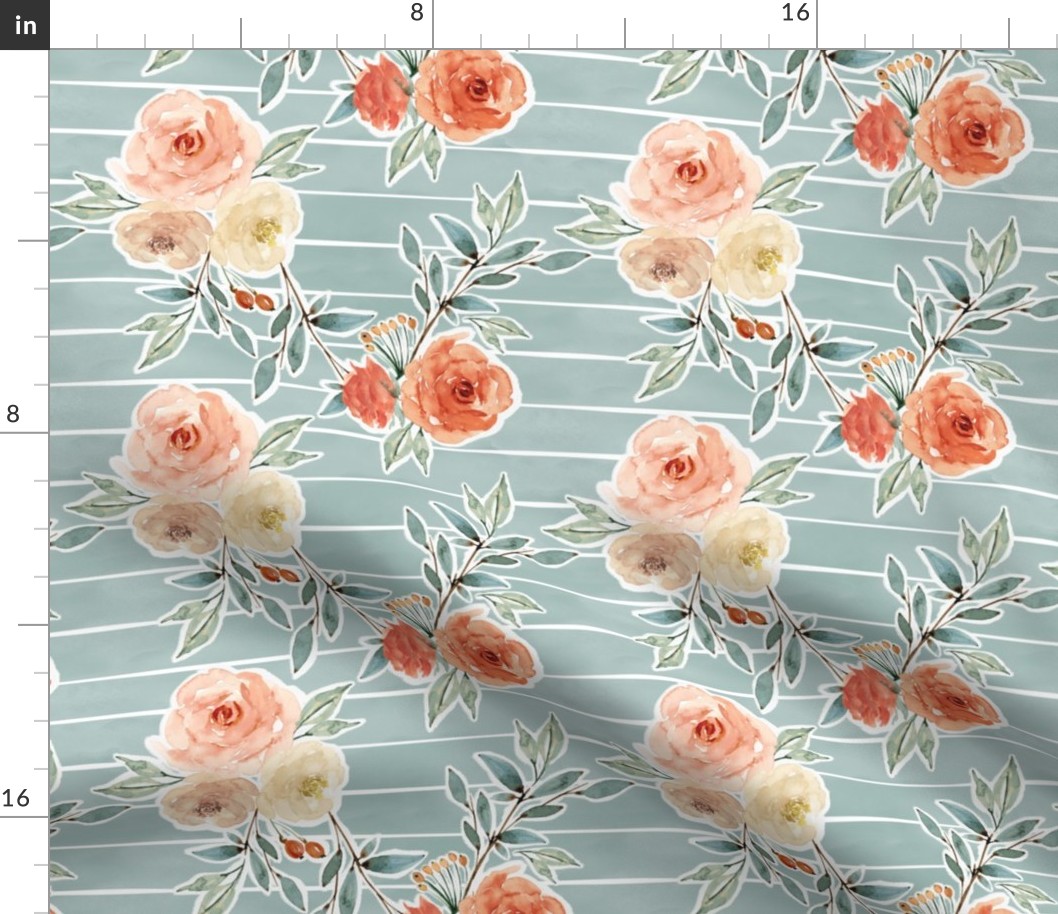 romantic bloom floral // lagoon blue striped