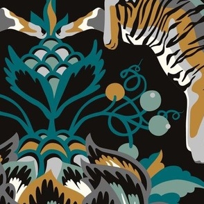 The tiger and the crane / Large scale / Black + emerald + gold + silver