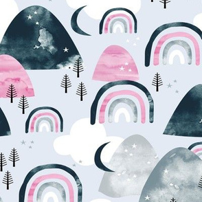 Magic watercolors mountains and rainbows clouds and forest trees winter woodland blue pink girls