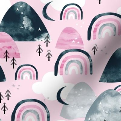 Magic watercolors mountains and rainbows clouds and forest trees winter woodland gray navy pink girls