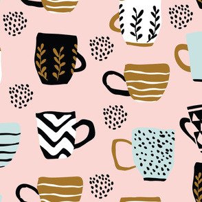 Cute hand drawn minimalistic cups on pink background
