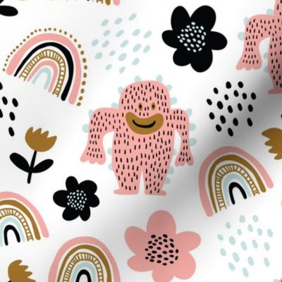 Cute scandinavian pattern with pink cute monsters, rainbows, flowers