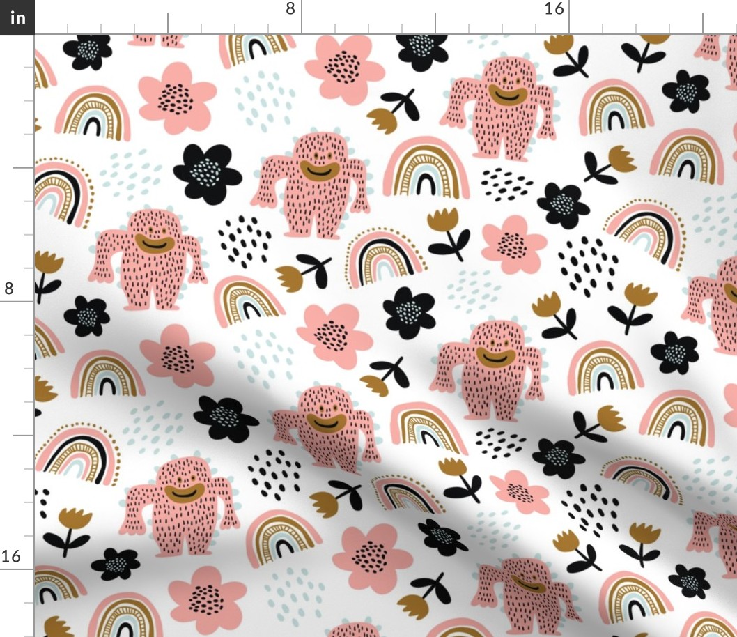 Cute scandinavian pattern with pink cute monsters, rainbows, flowers