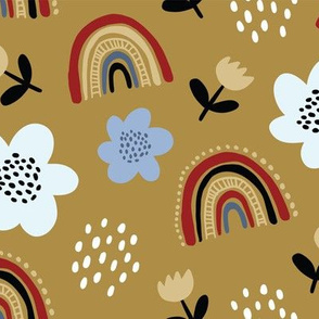 Elegant pattern with colorful flowers and rainbows