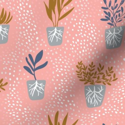 Garden plants with roots on pink background. Happy gardening