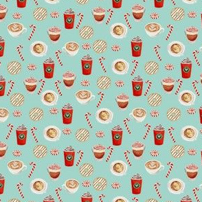 TINY - watercolor peppermint latte, coffee and donuts, christmas, xmas, holiday fabric, candy cane - mint