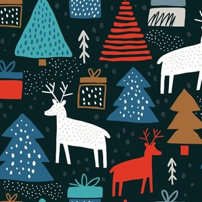 Childish pattern with deers and pines. Trendy scandinavian holiday vector background