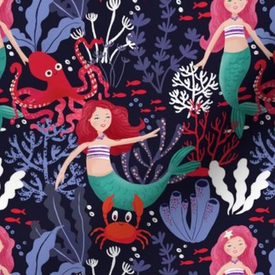 Magical mermaids dark blue background 