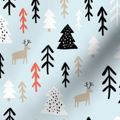 Childish pattern with raindeers, pines. Scandinavian winter forest