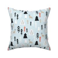 Childish pattern with raindeers, pines. Scandinavian winter forest