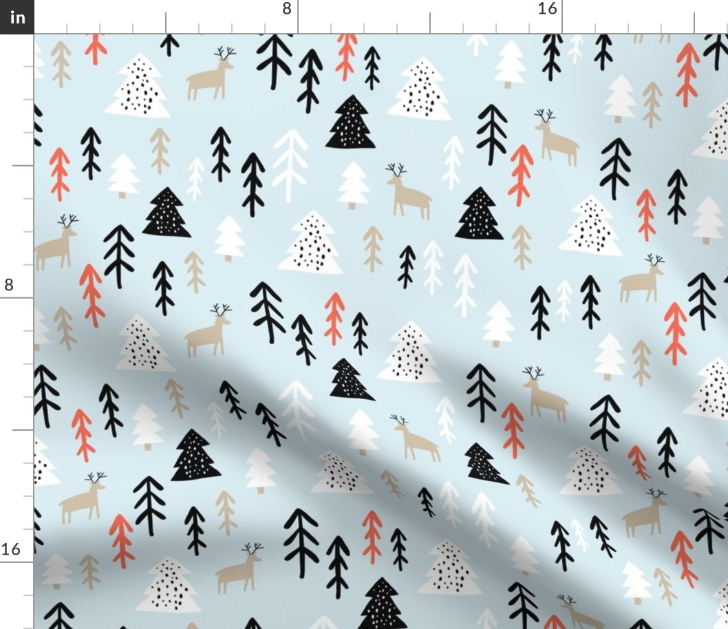 Childish pattern with raindeers, pines. Scandinavian winter forest