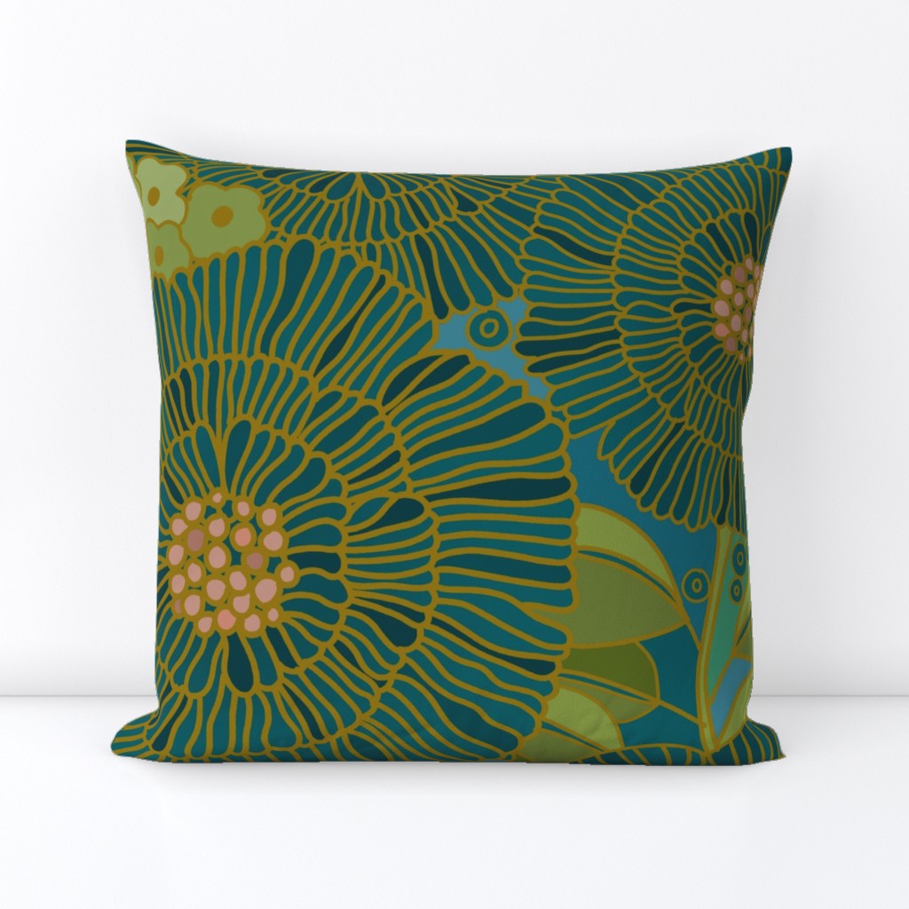 Blue Green Modern Floral Throw Pillow Cover