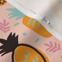 Cute hand drawn pineapples on orange background